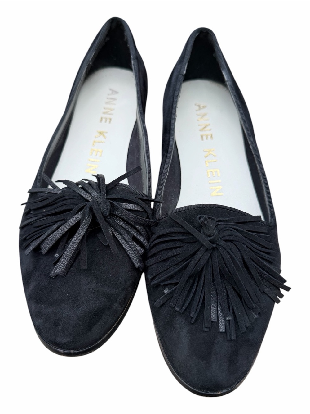 Anne Klein Black Suede Fringe Tassel Flats - Shoes- size 6